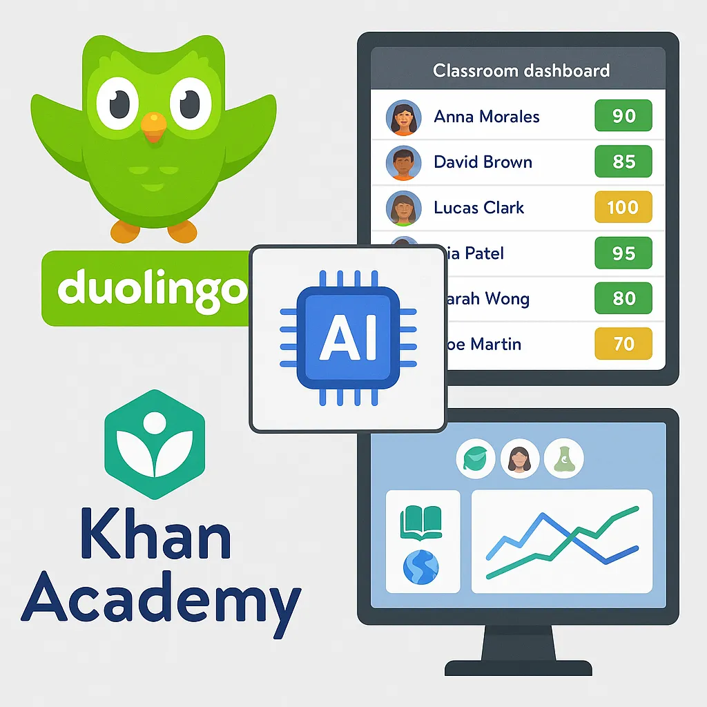 Collage of AI-powered learning apps like Duolingo, Khan Academy, and classroom dashboards