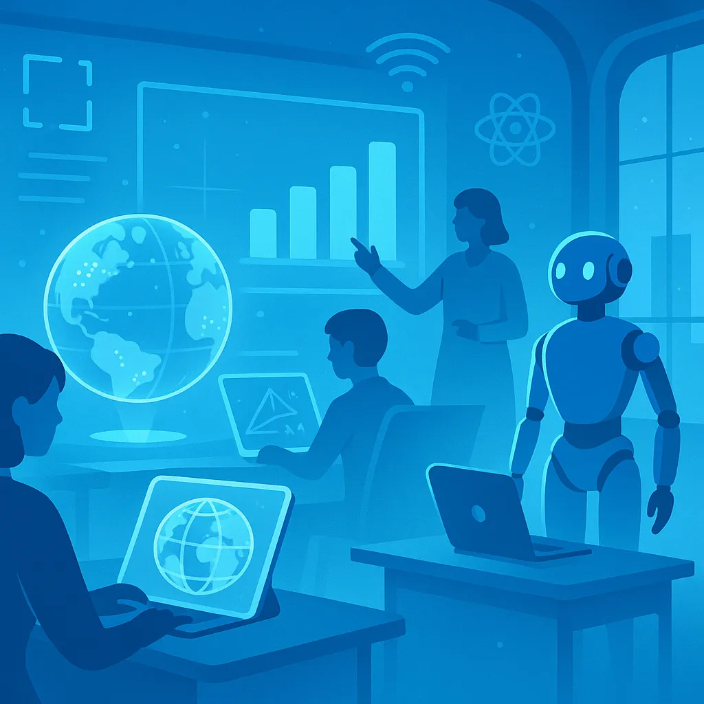 Futuristic classroom with holographic displays and AI-driven assistants