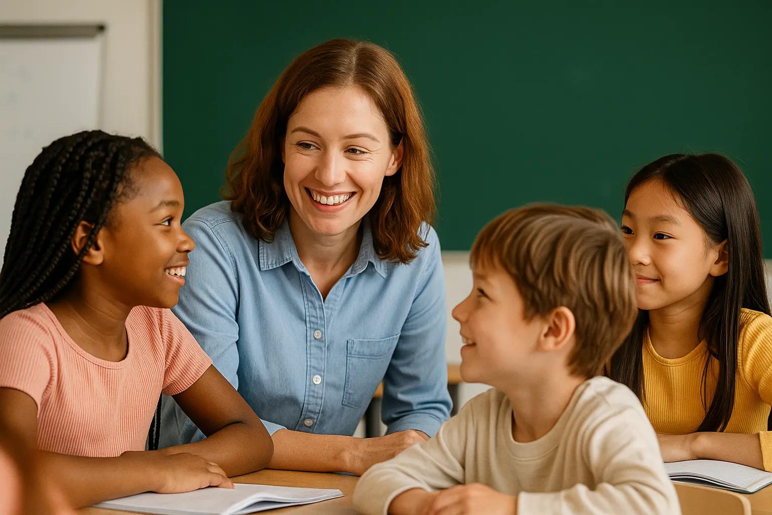 Teacher interacting with students, focus on human connection