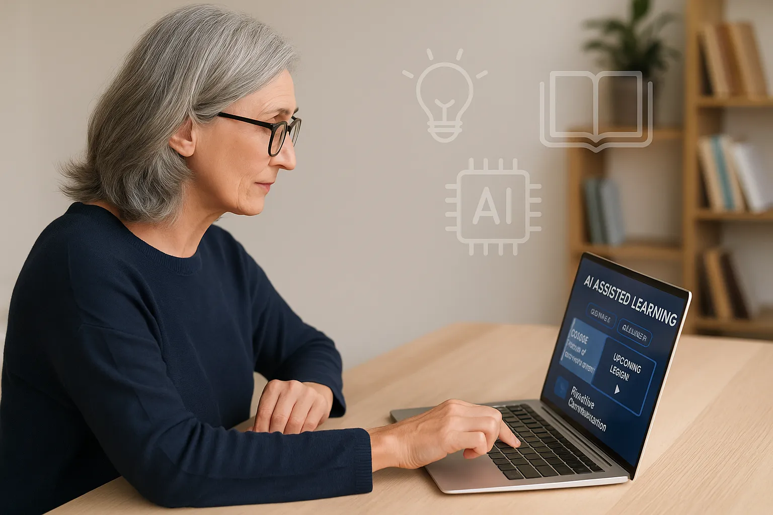 Adult professional using online AI learning app on laptop