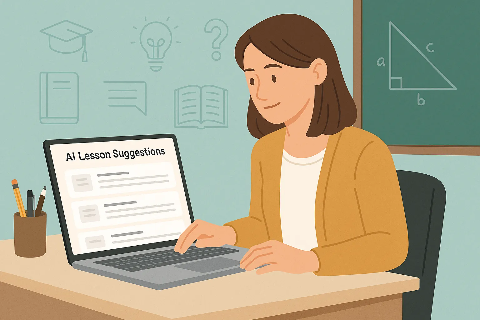 Teacher reviewing AI-generated lesson suggestions on a laptop