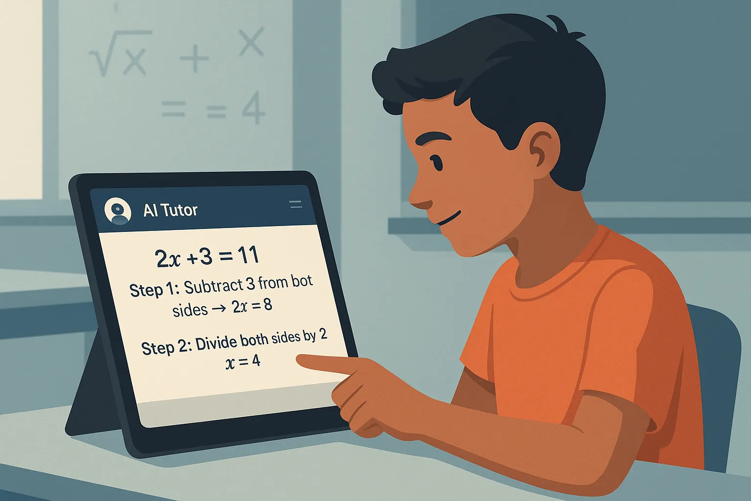 Student chatting with AI tutor on a tablet, math equations displayed