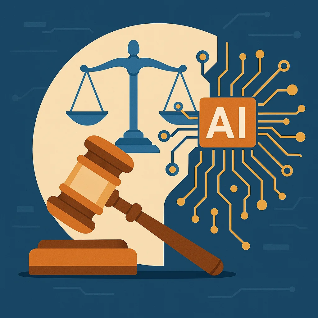 Illustration combining a gavel, scales of justice, and AI circuit board to represent ethical regulation