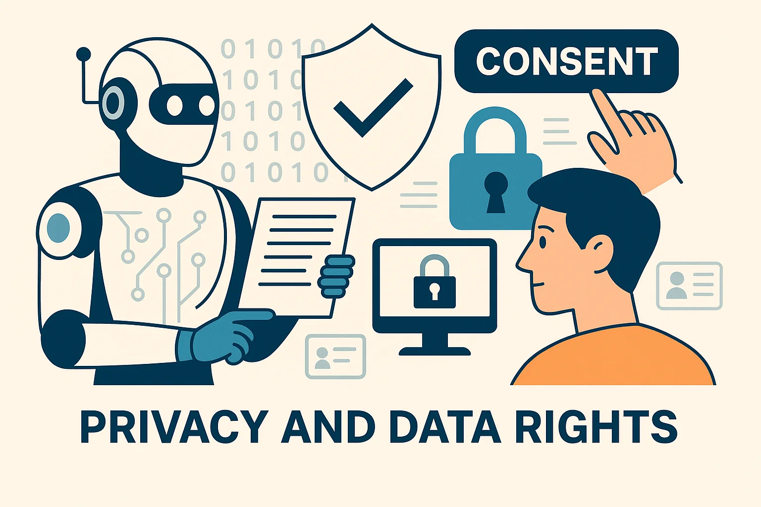 Illustration of robot and human discussing data consent and AI privacy rights