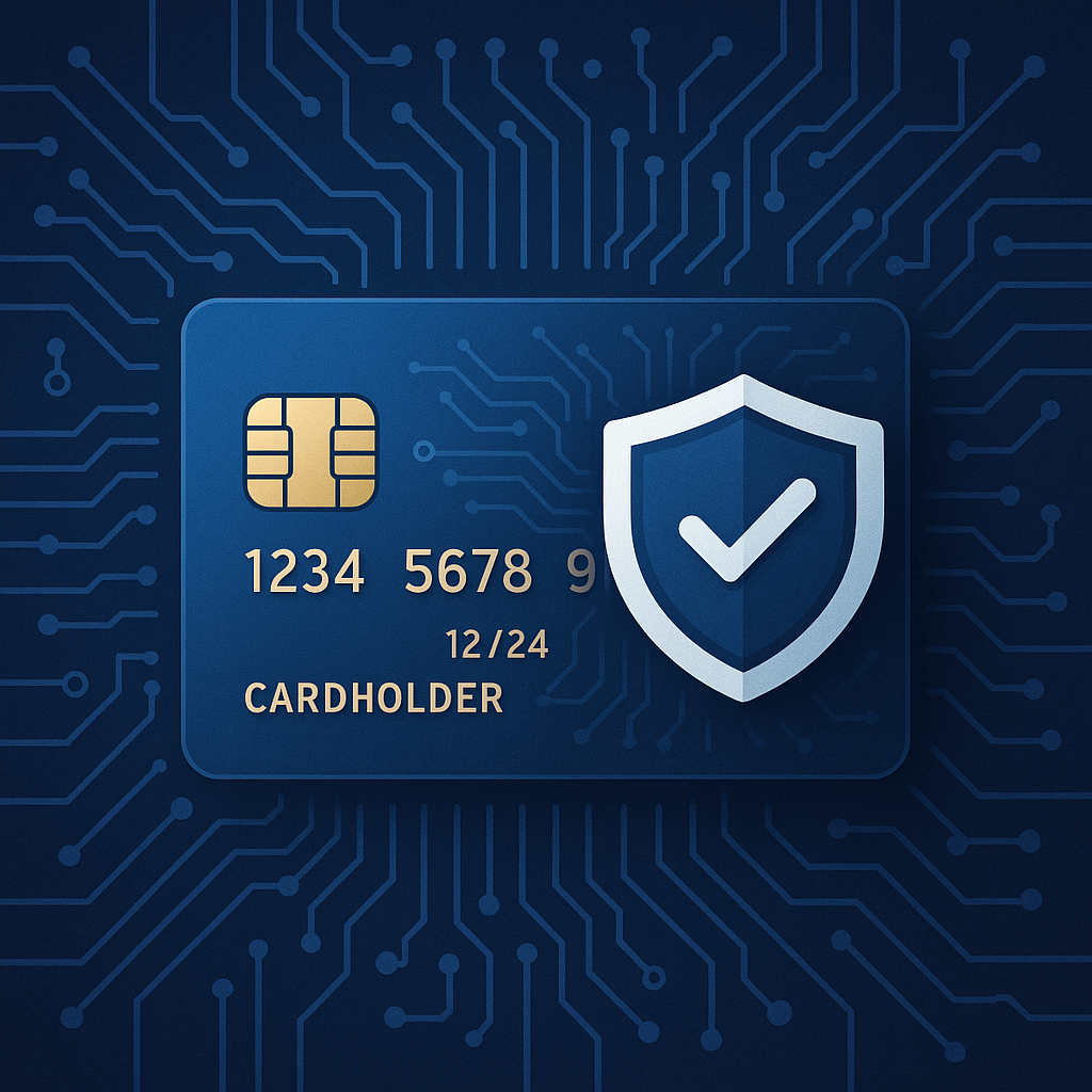 Credit card with a digital shield overlay representing fraud detection