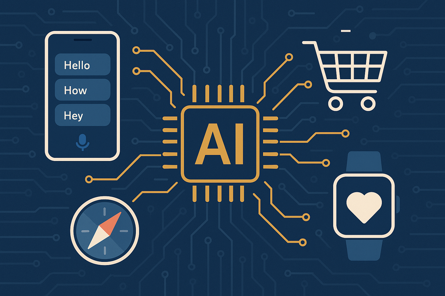 Collage showing a smartphone, shopping cart, navigation map, and smartwatch icons connected by AI circuitry