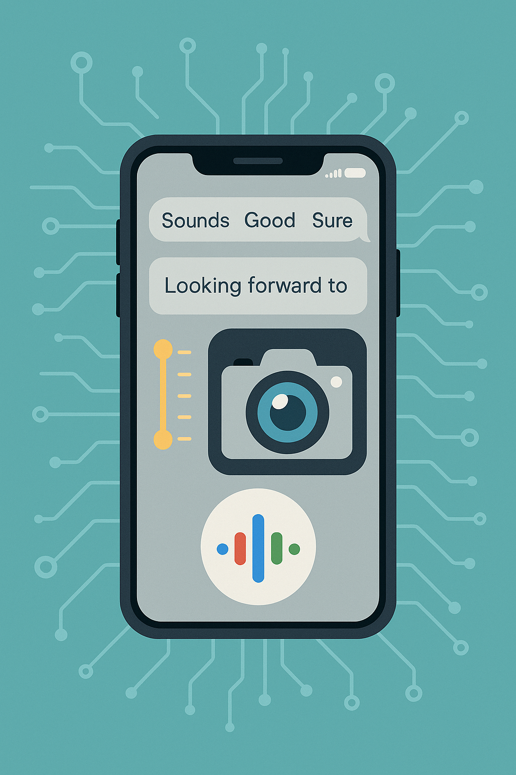 Smartphone displaying predictive text, camera filters, and a voice assistant icon