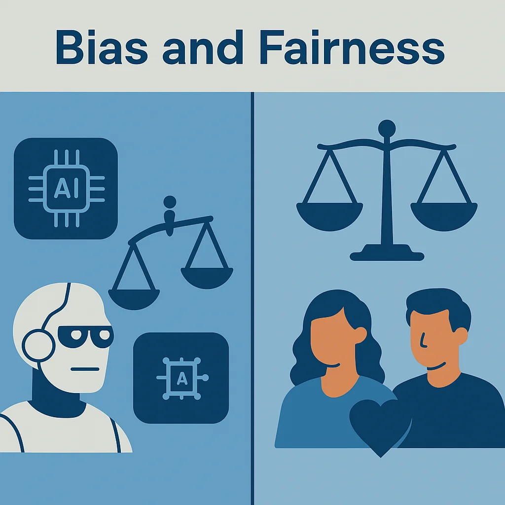 Illustration showing contrast between AI bias and fairness using scales, circuits, and diverse figures