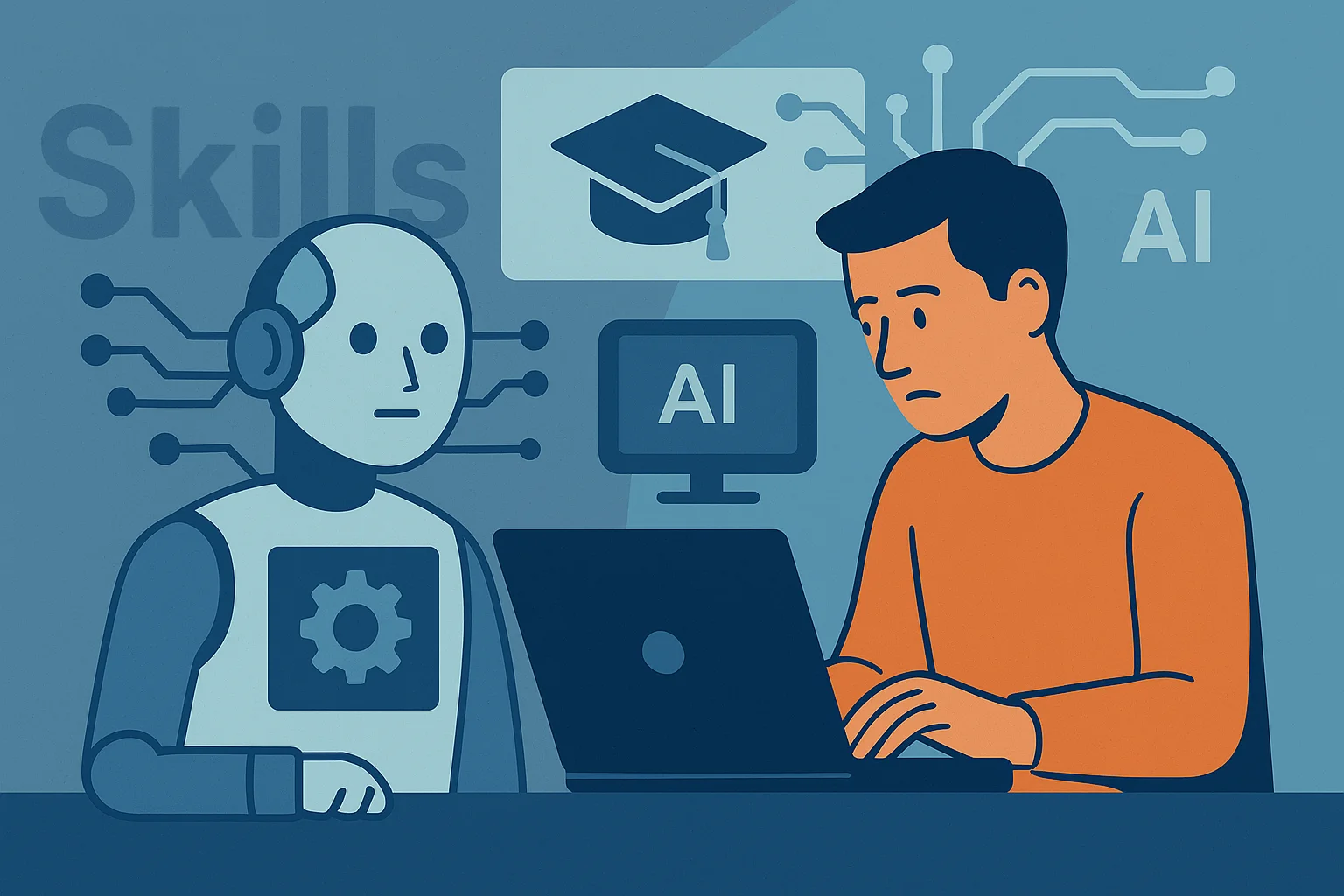 Illustration of a man working with AI while his skills fade in the background