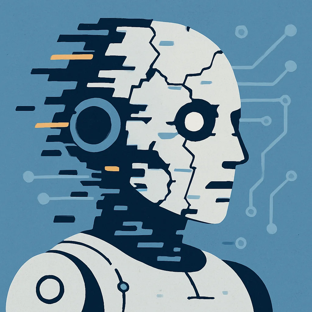 Glitched robot head symbolizing AI flaws and limitations