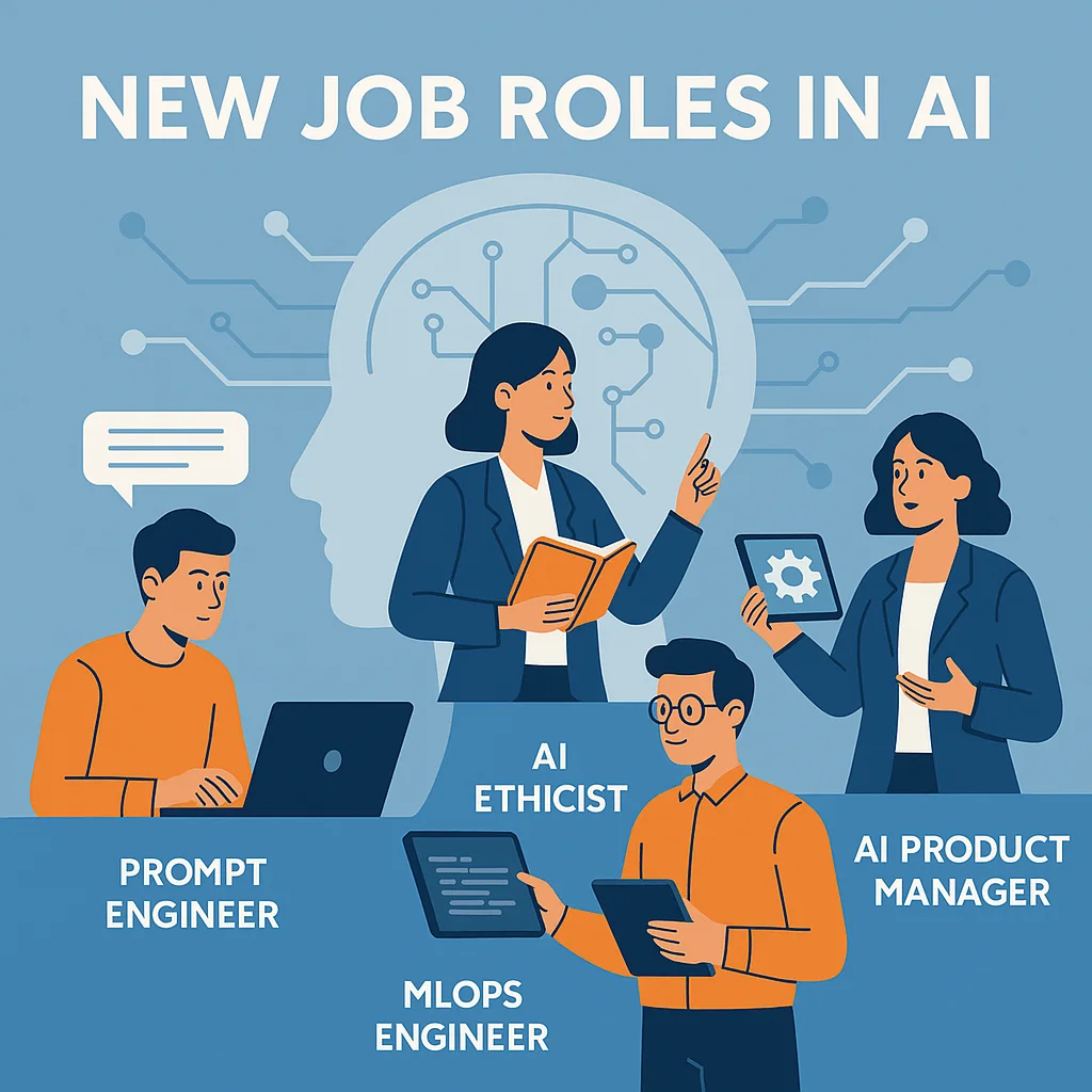 Modern illustration showing AI job roles like Prompt Engineer, AI Ethicist, MLOps Engineer, and Product Manager