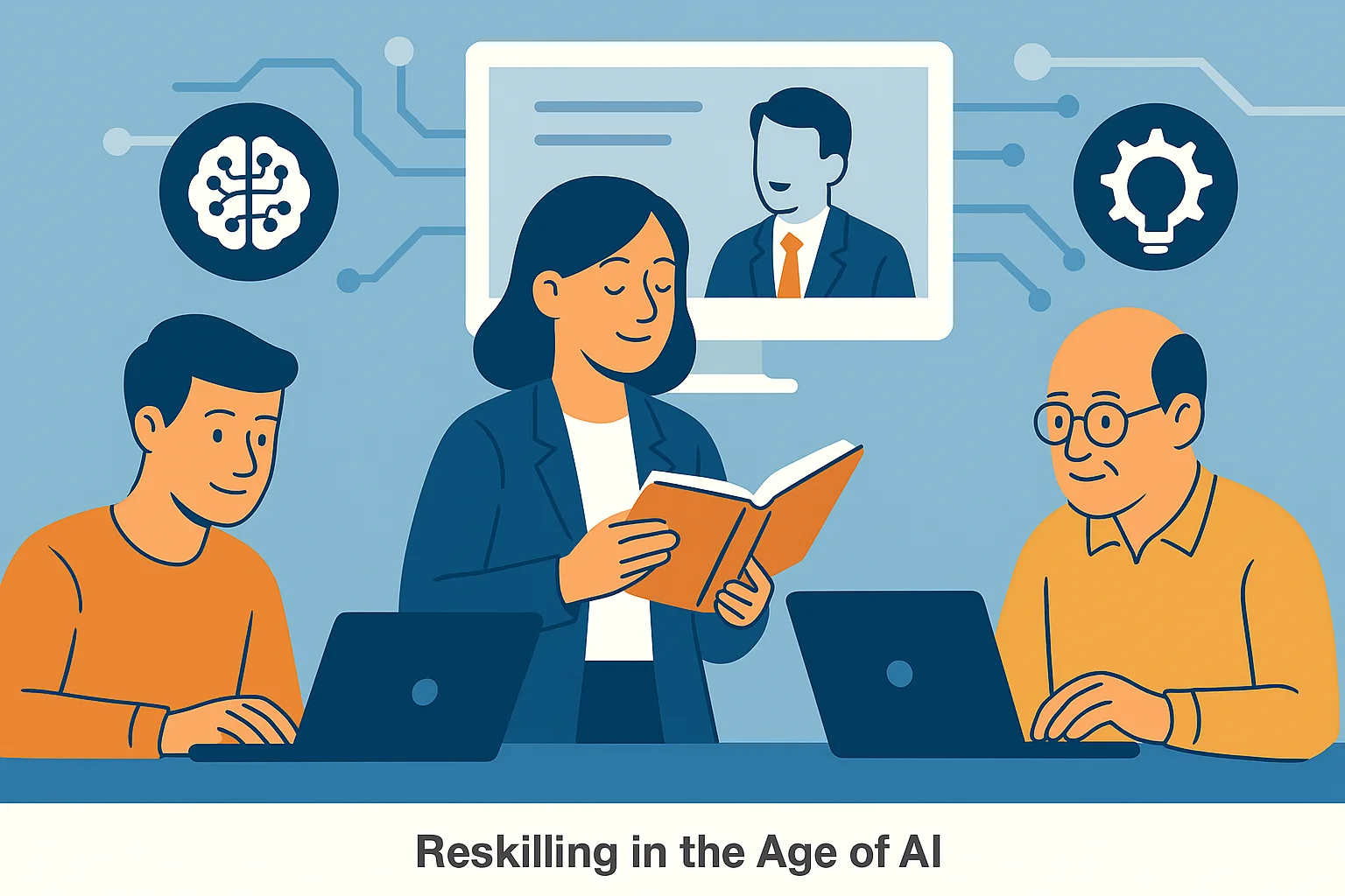 Illustration of diverse individuals reskilling with laptops, books, and AI training tools