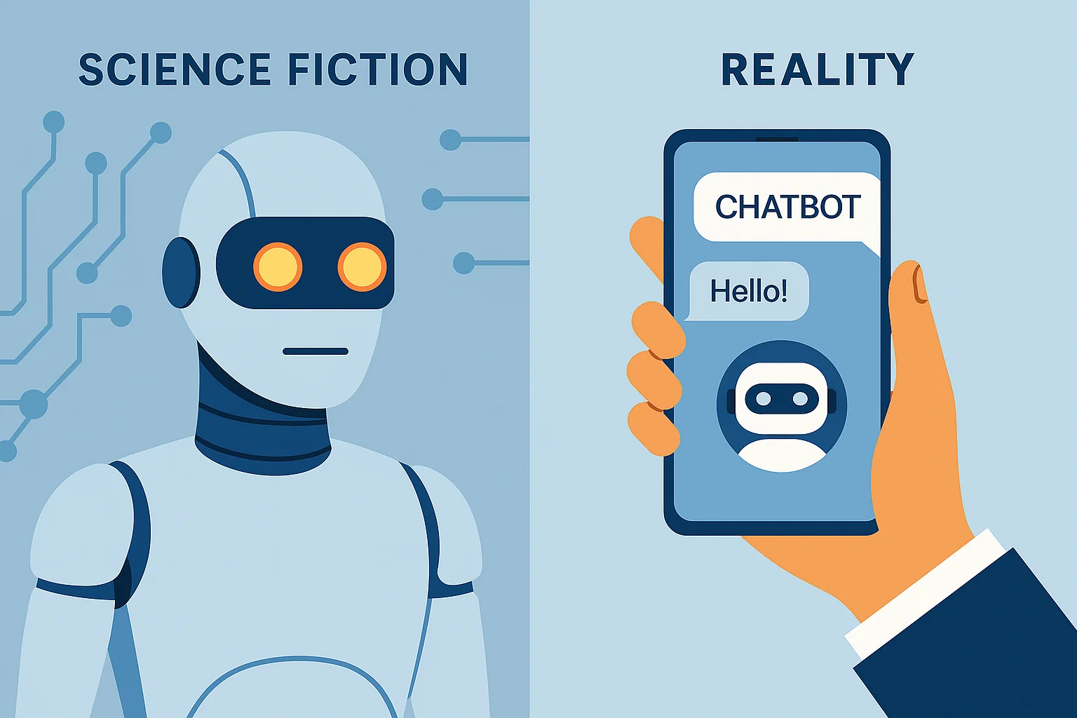 Side-by-side illustration comparing sci-fi humanoid robot with real-world chatbot on smartphone