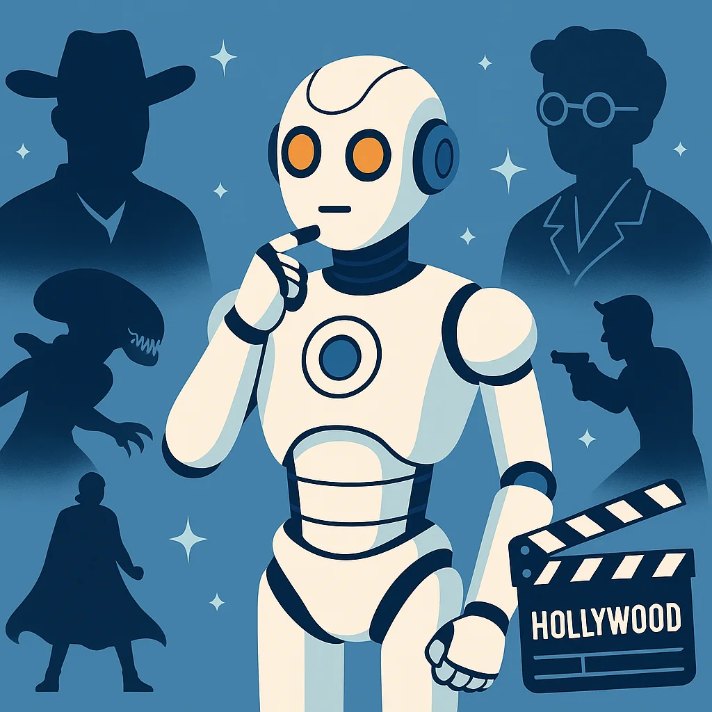 Stylized illustration of a humanoid robot surrounded by silhouettes of classic Hollywood characters