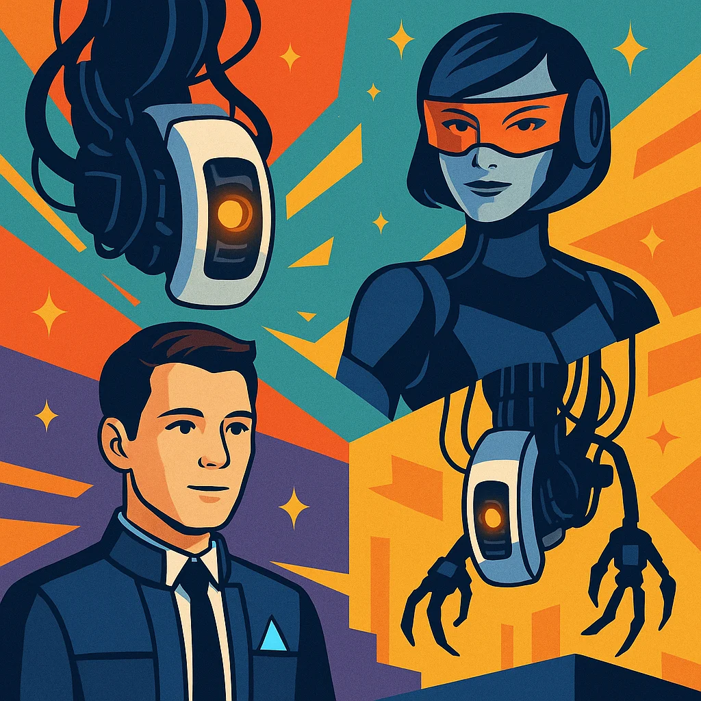 Collage of iconic AI characters from video games including GLaDOS, EDI, and Connor from Detroit: Become Human
