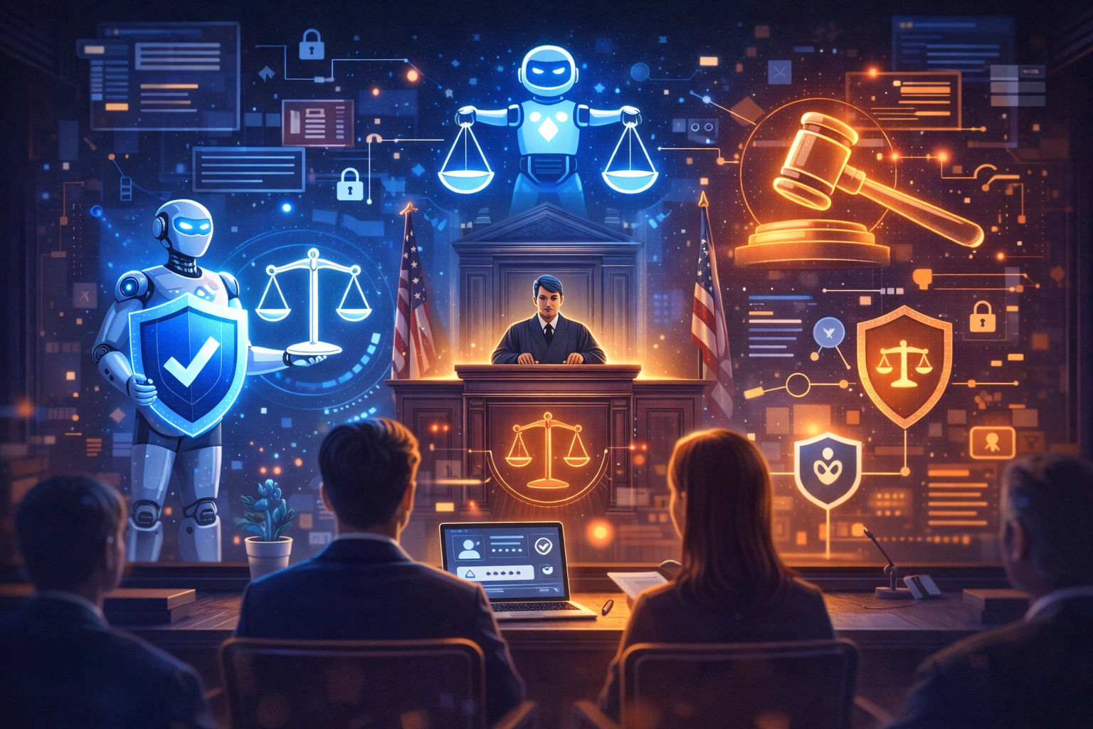 Futuristic courtroom scene with digital AI symbols representing regulation and ethical governance