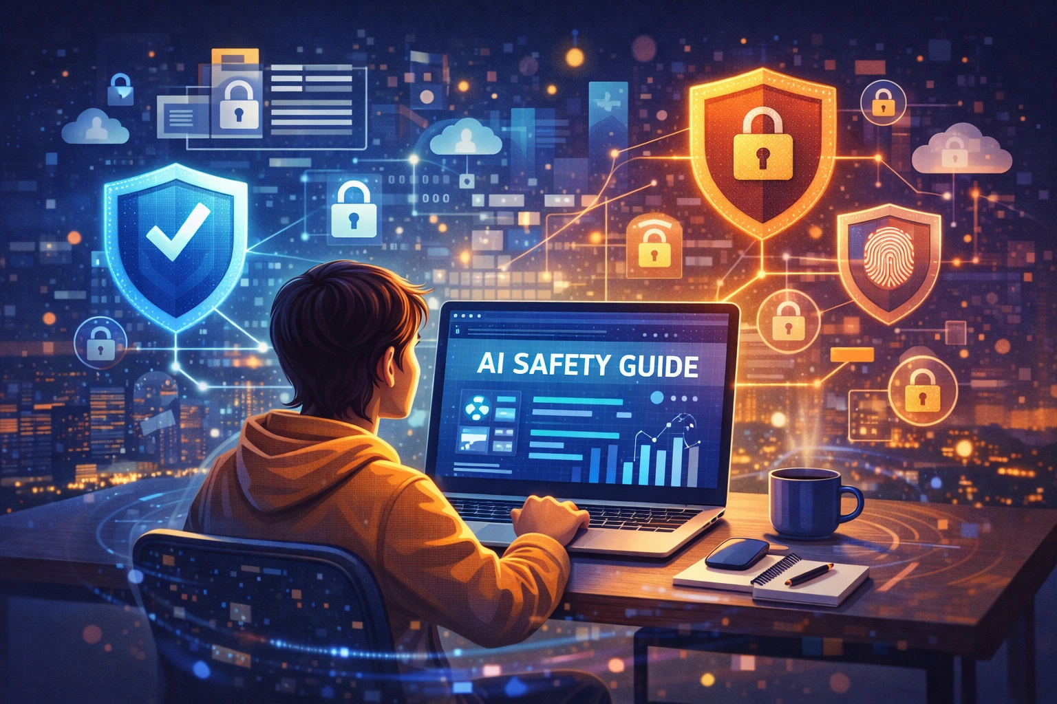Person using AI software on a laptop with shield icons and data protection symbols surrounding the screen