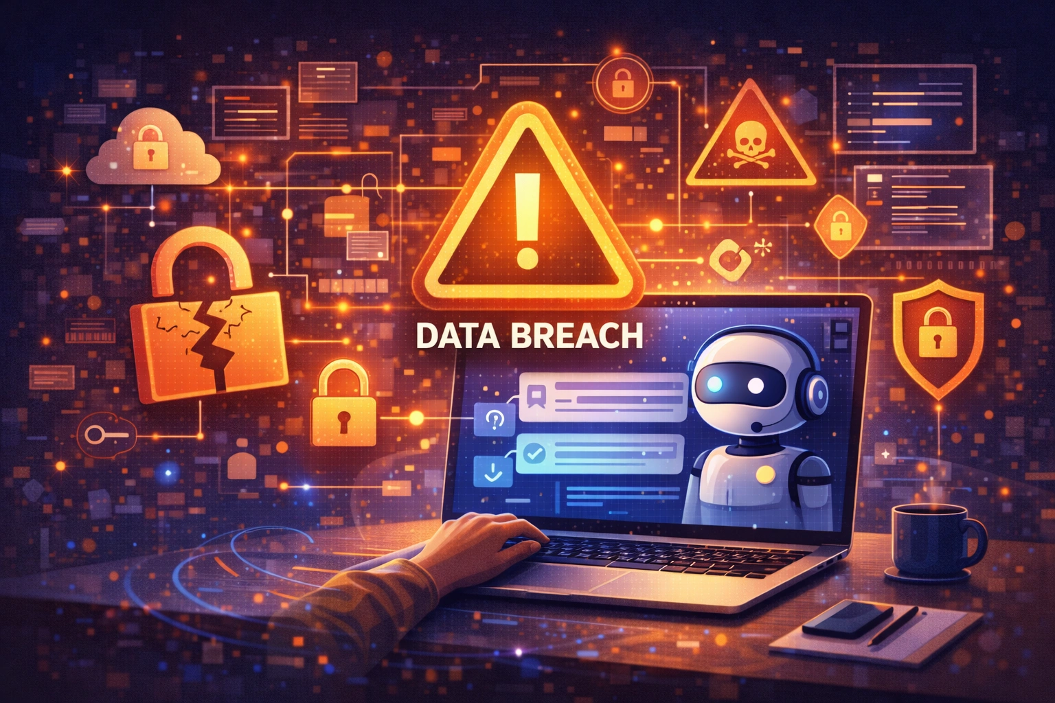 Illustration showing data breach warning symbols, AI chatbot interface, and cybersecurity icons