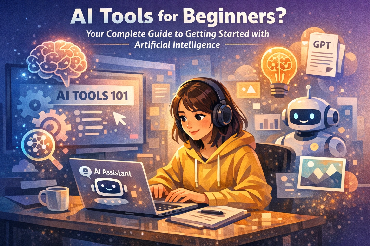 Person exploring various AI tools on a laptop with icons for writing, coding, image generation, and automation