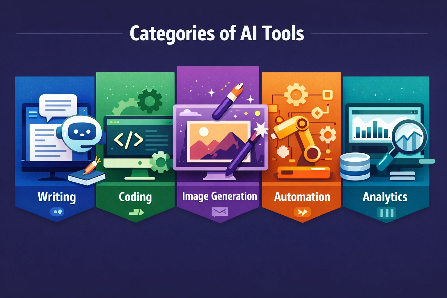 Illustration showing categories of AI tools including writing, coding, image generation, automation, and analytics