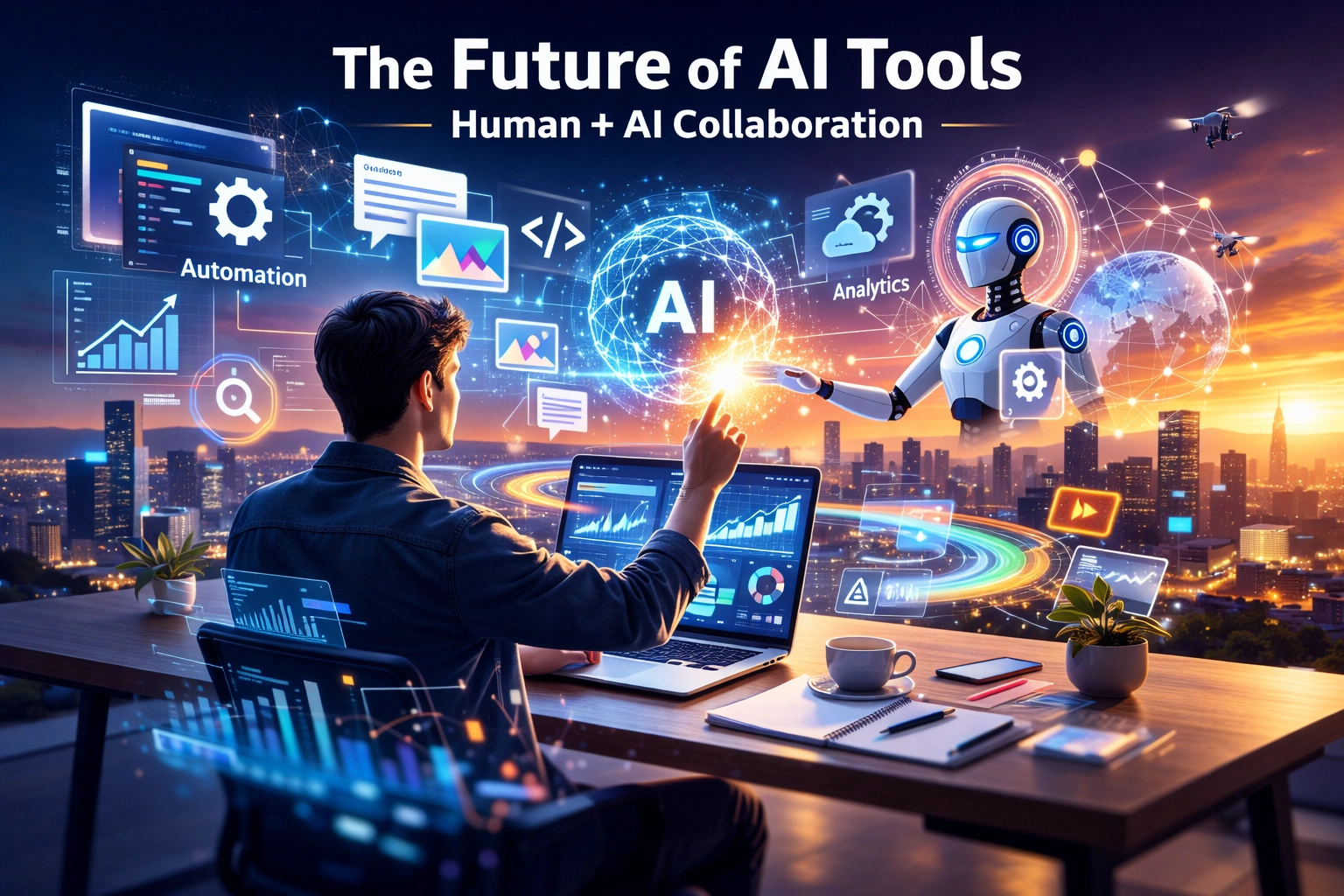 Futuristic interface showing AI collaboration between humans and machines with holographic UI elements