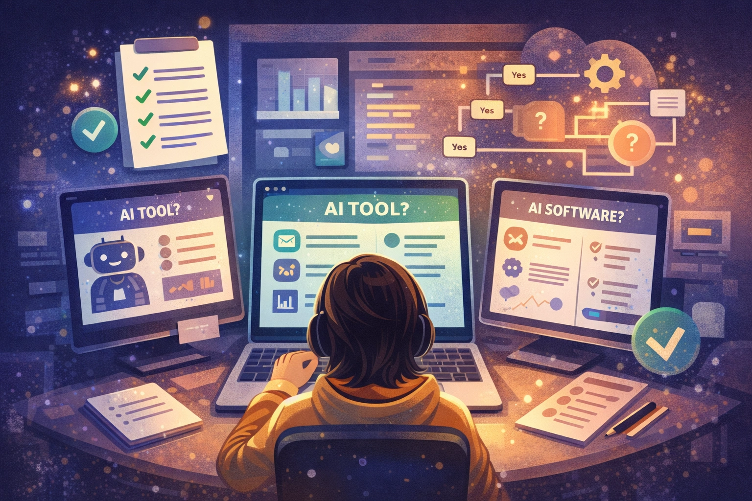 Person comparing AI software dashboards on a laptop screen with checklist icons and decision flowchart