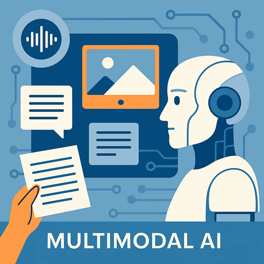 Illustration of an AI processing audio, images, and text simultaneously, representing multimodal systems