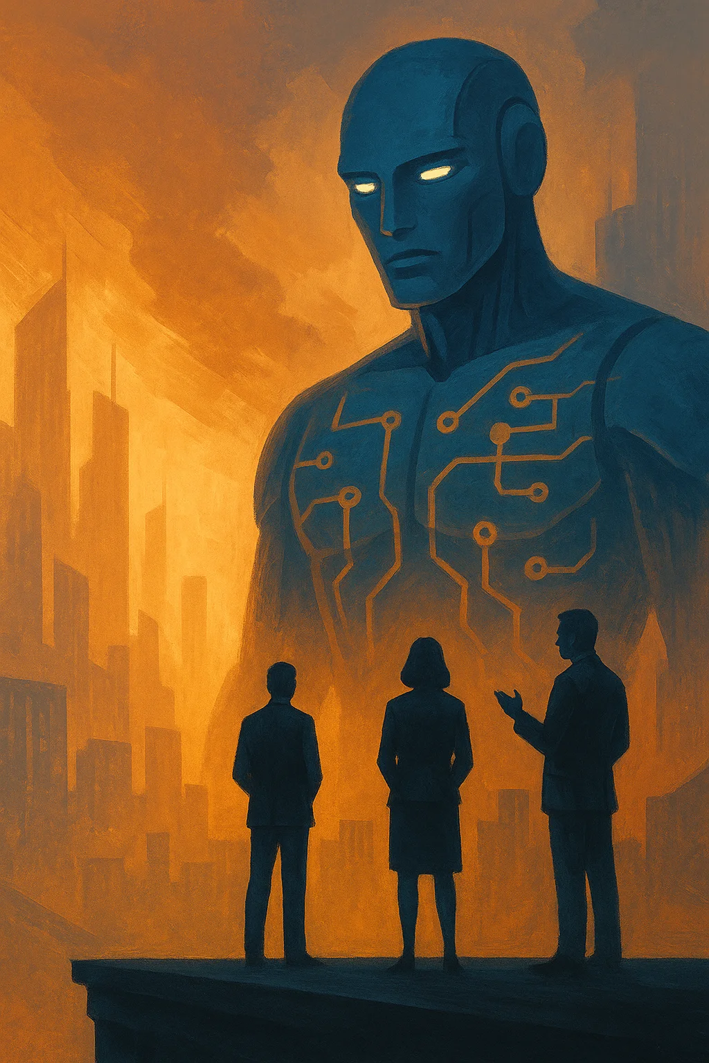 Illustration of powerful AI presence with human leaders discussing long-term risks and alignment