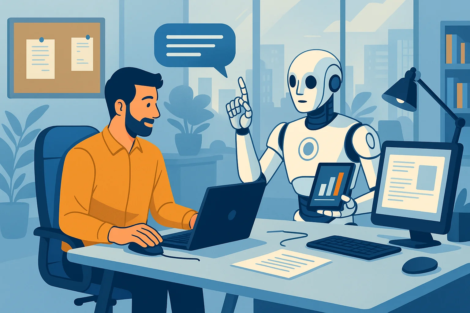 Illustration of a human and robot collaborating productively in a modern AI-enhanced workspace