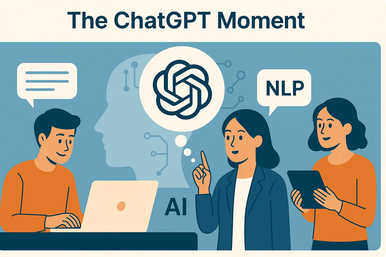 Stylized illustration of ChatGPT, NLP, and AI interacting with users in a modern digital context