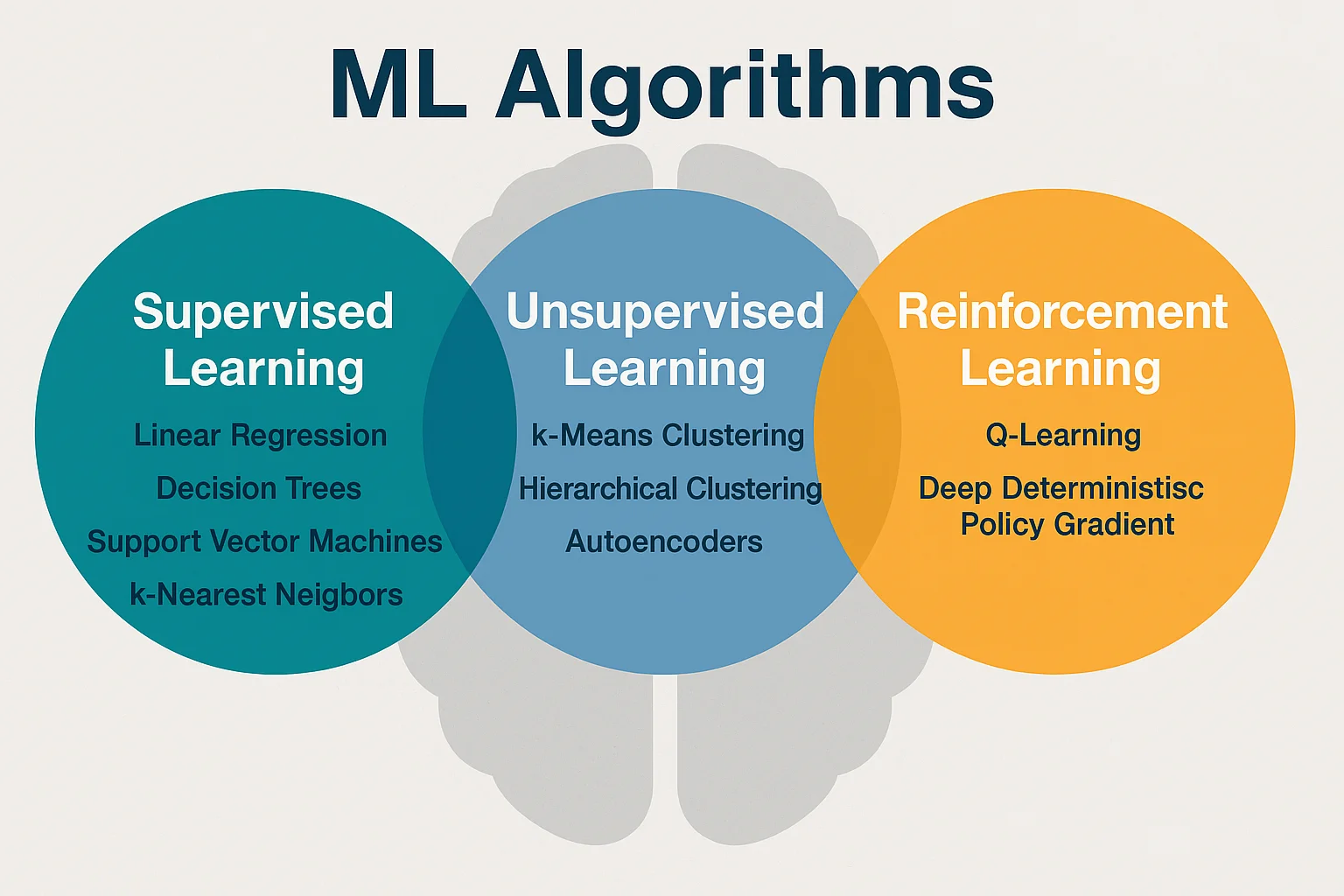 Visual comparison of supervised learning algorithms including linear regression, logistic regression, decision tree, and support vector machines