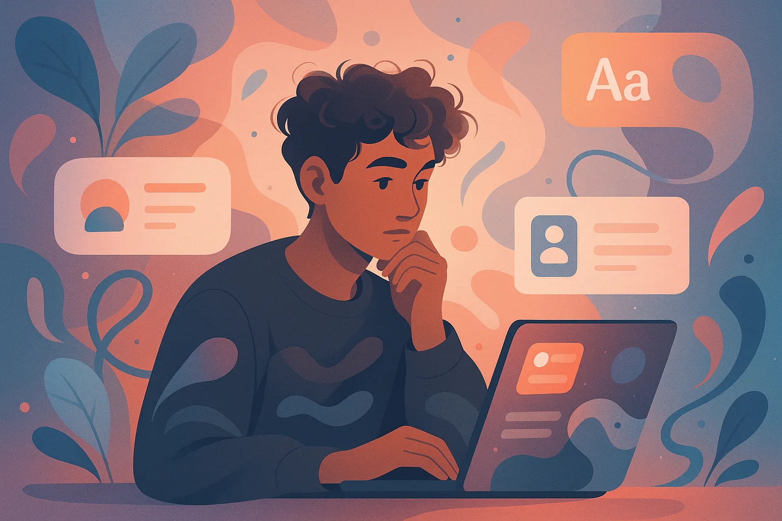 Abstract illustration of a person immersed in creative flow surrounded by UI elements and pastel shapes, symbolizing the mindset of vibe coding