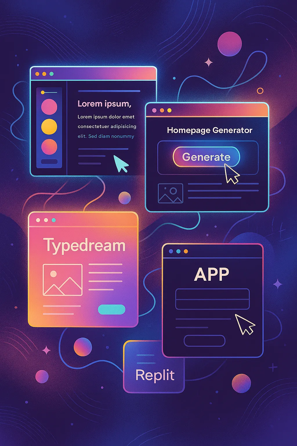 Collage-style illustration showing AI and no-code tools like Framer, Durable, and Typedream in glowing interface windows