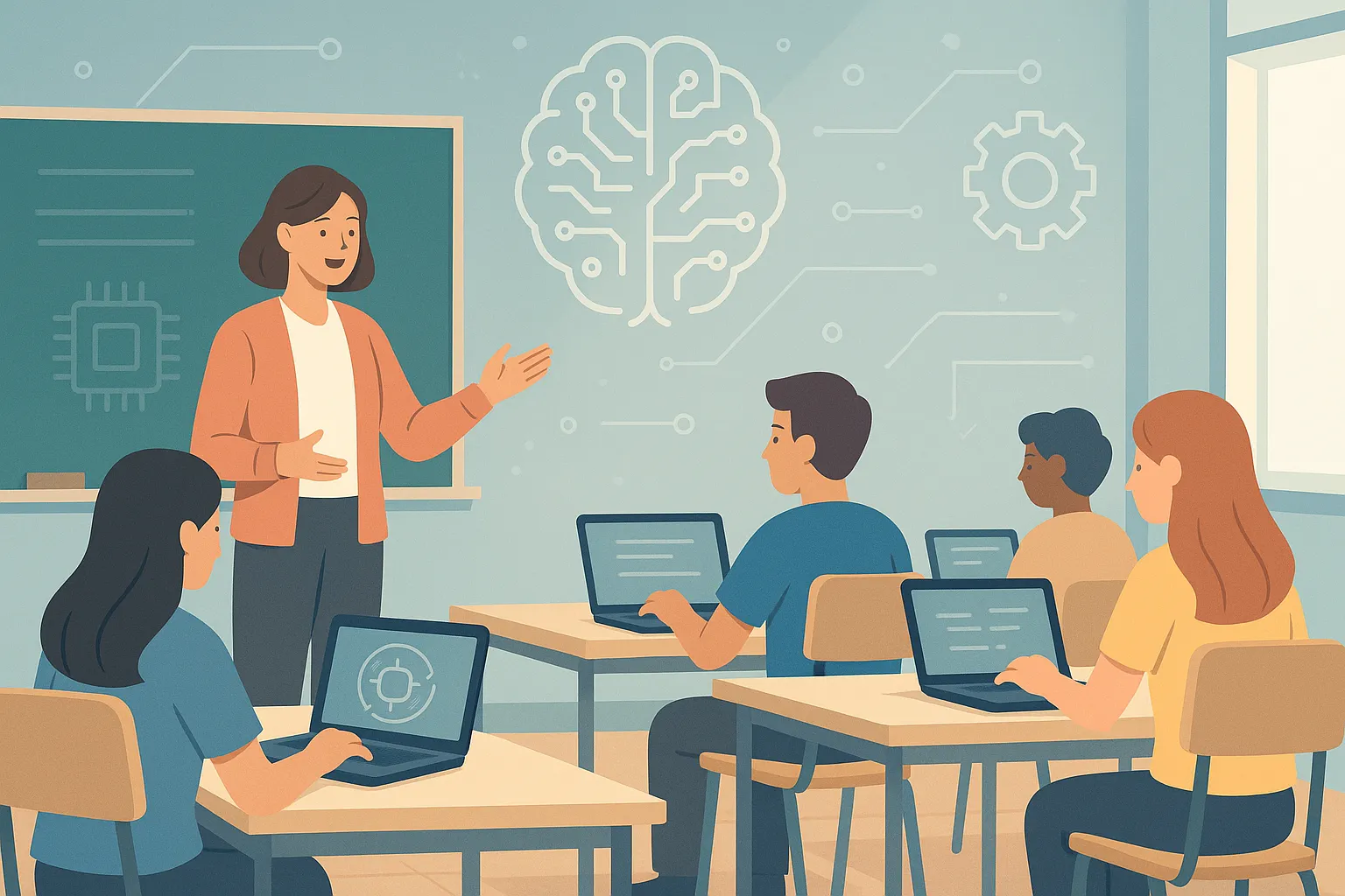 Classroom scene with teacher, students using laptops, and subtle AI icons in the background