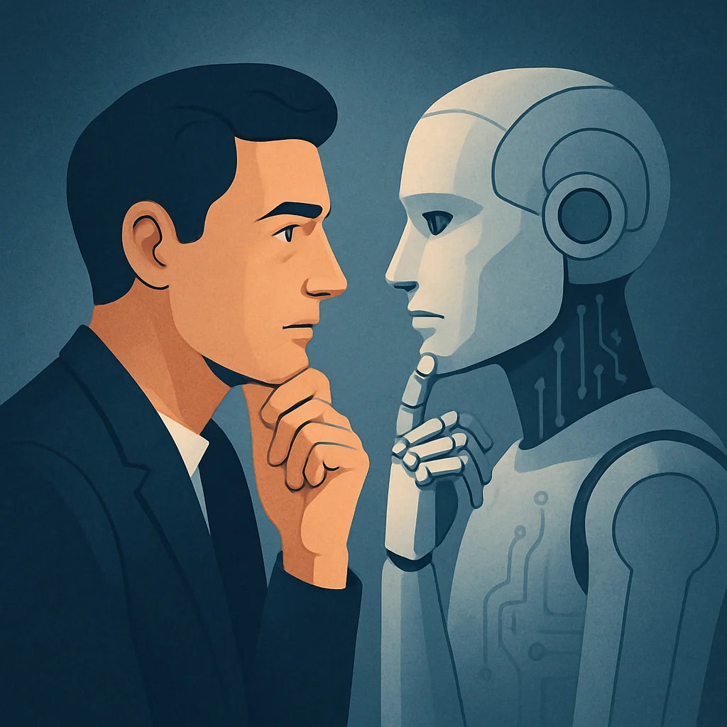 A human and AI robot in mirrored reflective poses, symbolizing ethical decision-making in technology