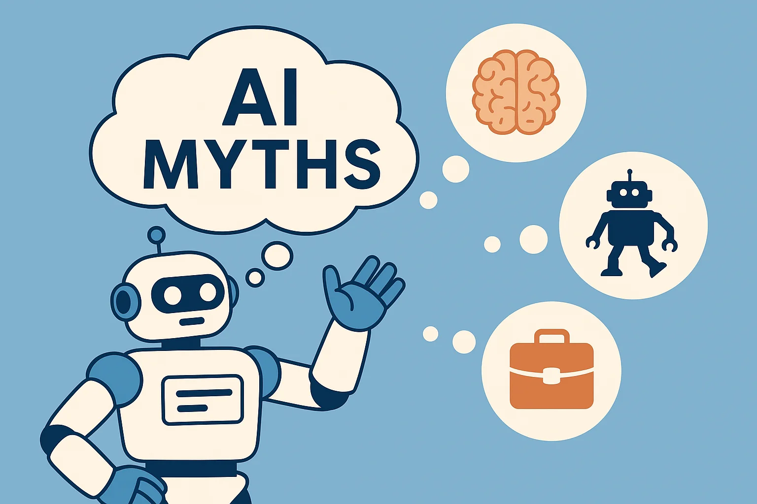 Cartoon-style robot surrounded by thought bubbles showing AI misconceptions like sentience and job theft