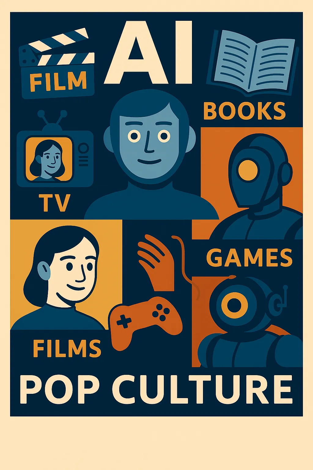 Collage of AI depictions in movies, TV shows, books, and video games