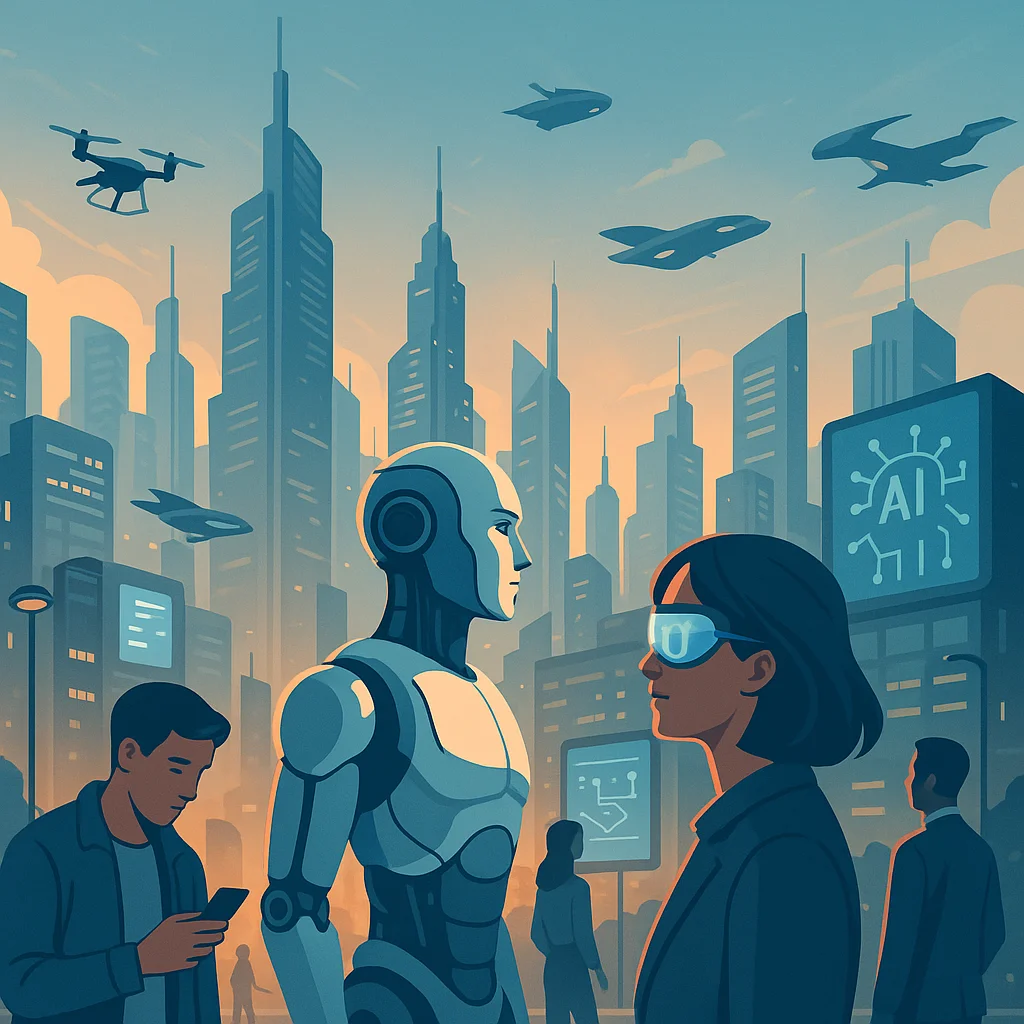 Futuristic city where humans and AI-powered systems coexist in daily life