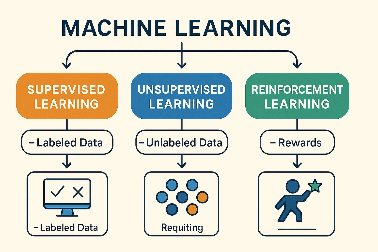 Infographic showing categories of machine learning: supervised, unsupervised, and reinforcement learning