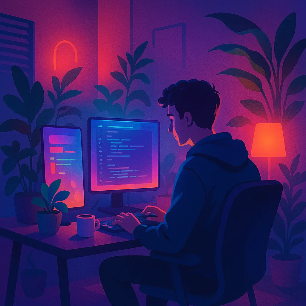 Vibe coding hero image – neon-lit workspace for creative coders using AI and aesthetics